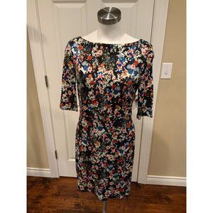 Erdem Black Floral Print Boatneck Half Sleeve Dress, Size 6